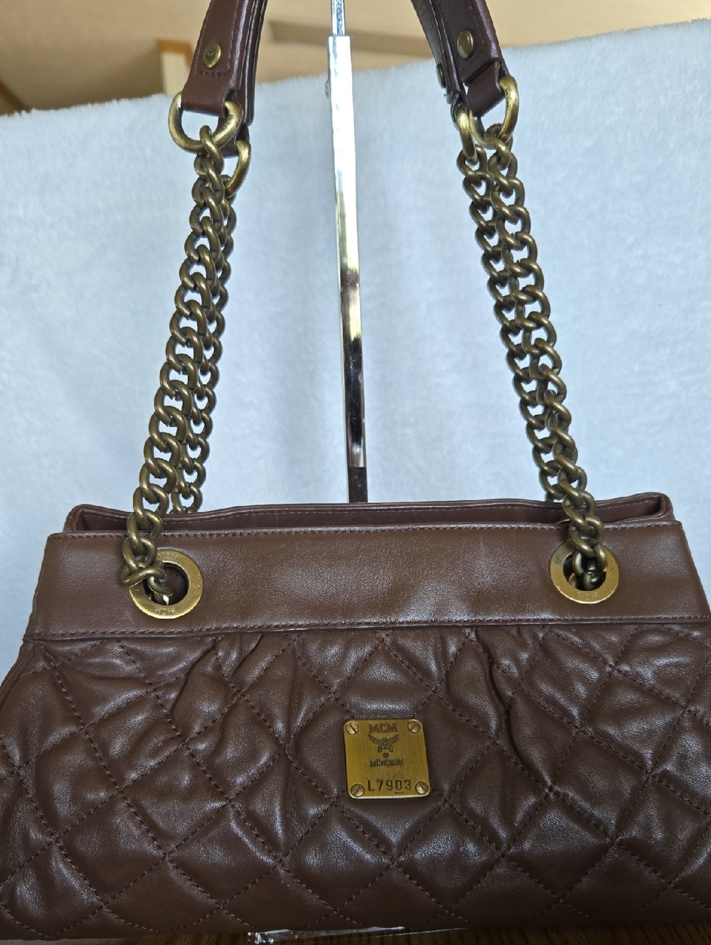 MCM Brown Quilted Leather Shoulder Bag with Gold-Tone Chain